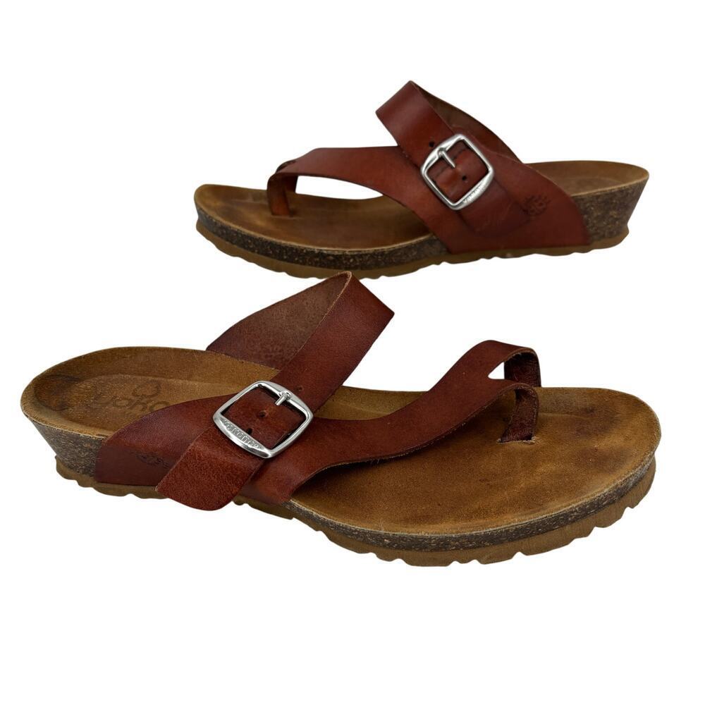 Yokono Thong Sandal Size 7.5 Brown Cork Wedge Made in Spain Adjustable Buckle